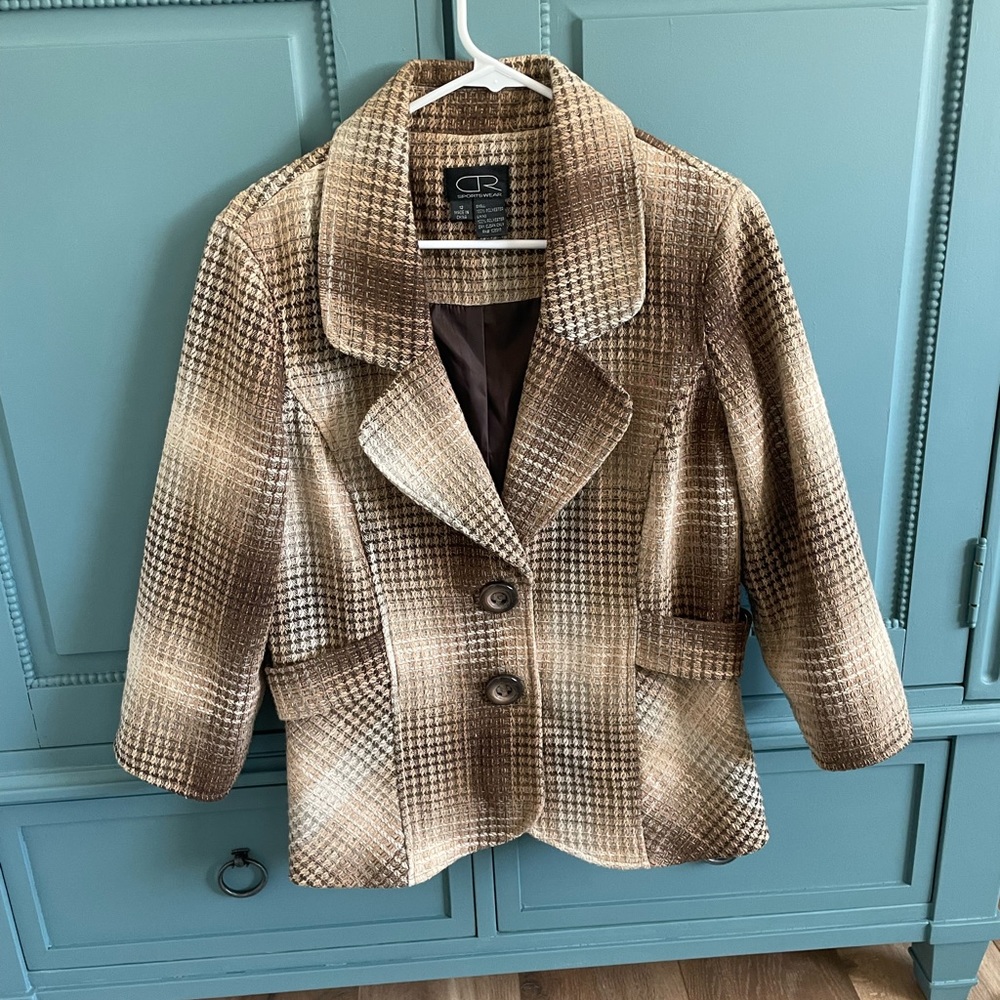 DR Sportswear 3/4 Sleeve Brown Peplum Jacket Size 12 Fully Lined